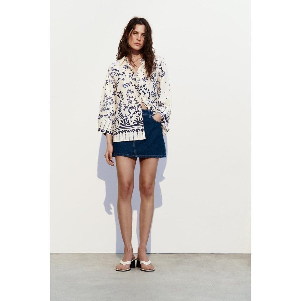 Zara Womens Printed Kimono Shirt XS White Blue Floral Wide Sleeves 9878/096 NWT